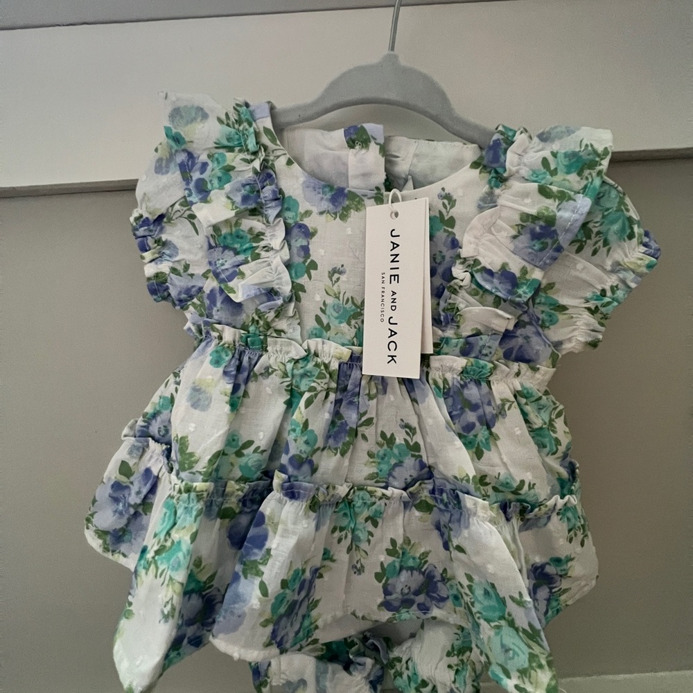 Janie and Jack Floral Kids Dress - White, Green, Blue